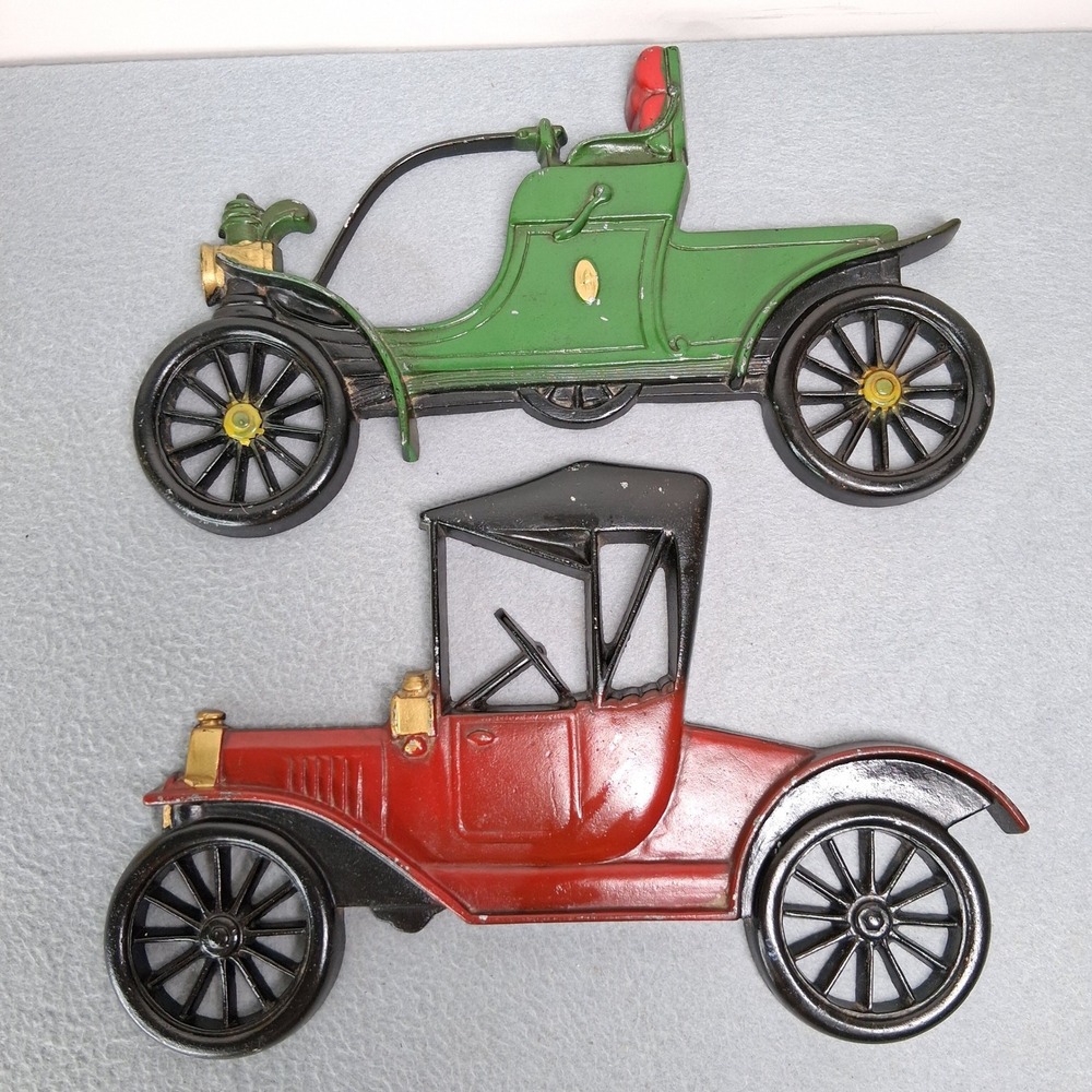 Midwest Cast Iron Wall Decor Ford Model T Green Runabout Vintage Car Plaque Set